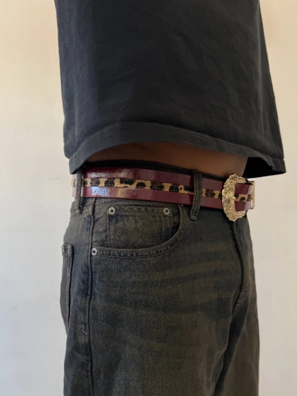 Wine Red Leopard Print Antique Western Belt